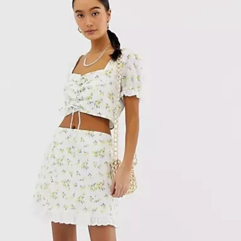 Emory Park Blue Ditsy Floral Eyelet Lace Detail Two Piece Mini  Skirt Set Sz S